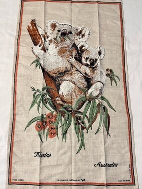 Vintage Heil Australia Koala Pure Linen Tea Towel 18”x31”  NWOT Made In Poland
